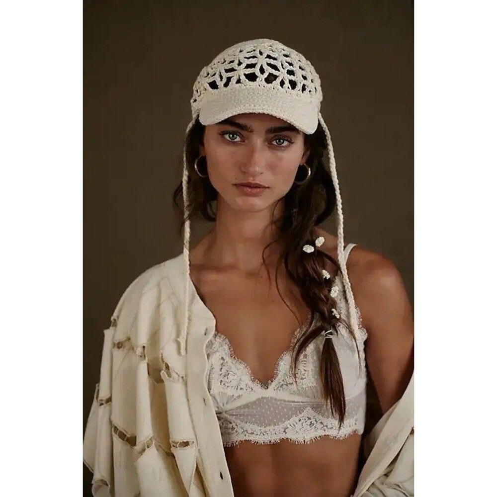 Free People Silvie Crochet Knit Ivory Baseball Hat Cap Cotton Women's OS NWOT
